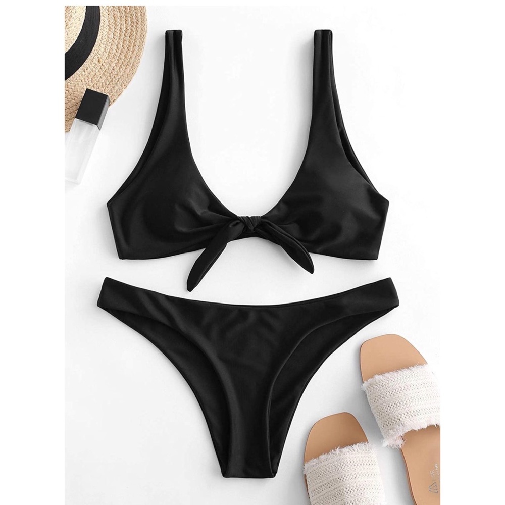 Womens Solid Color Strap Padded Front Knot Bikini Set sz 6 - Picture 3 of 8